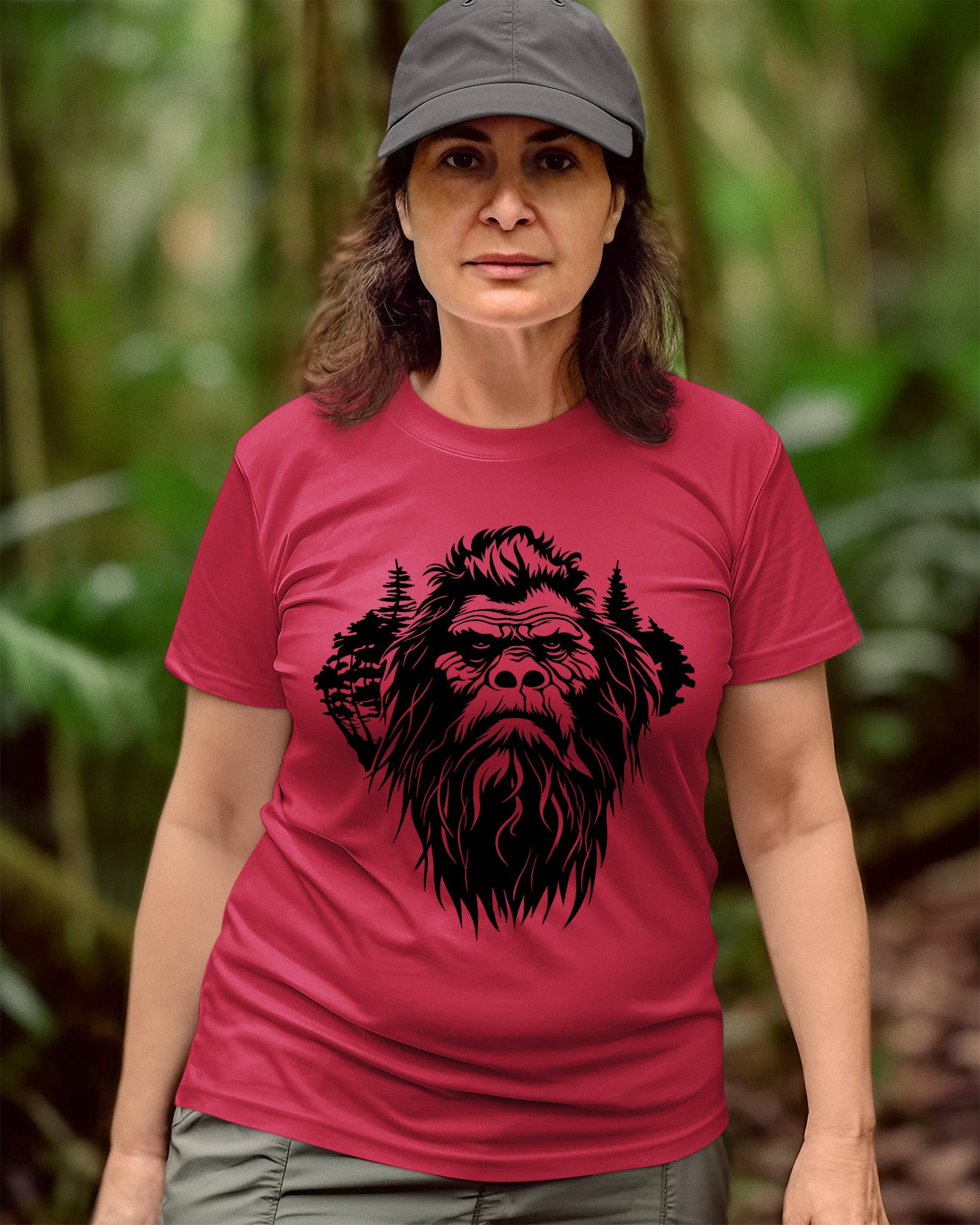 Person wearing a t-shirt featuring a stylized Bigfoot face with pine trees forming part of the wilderness design.