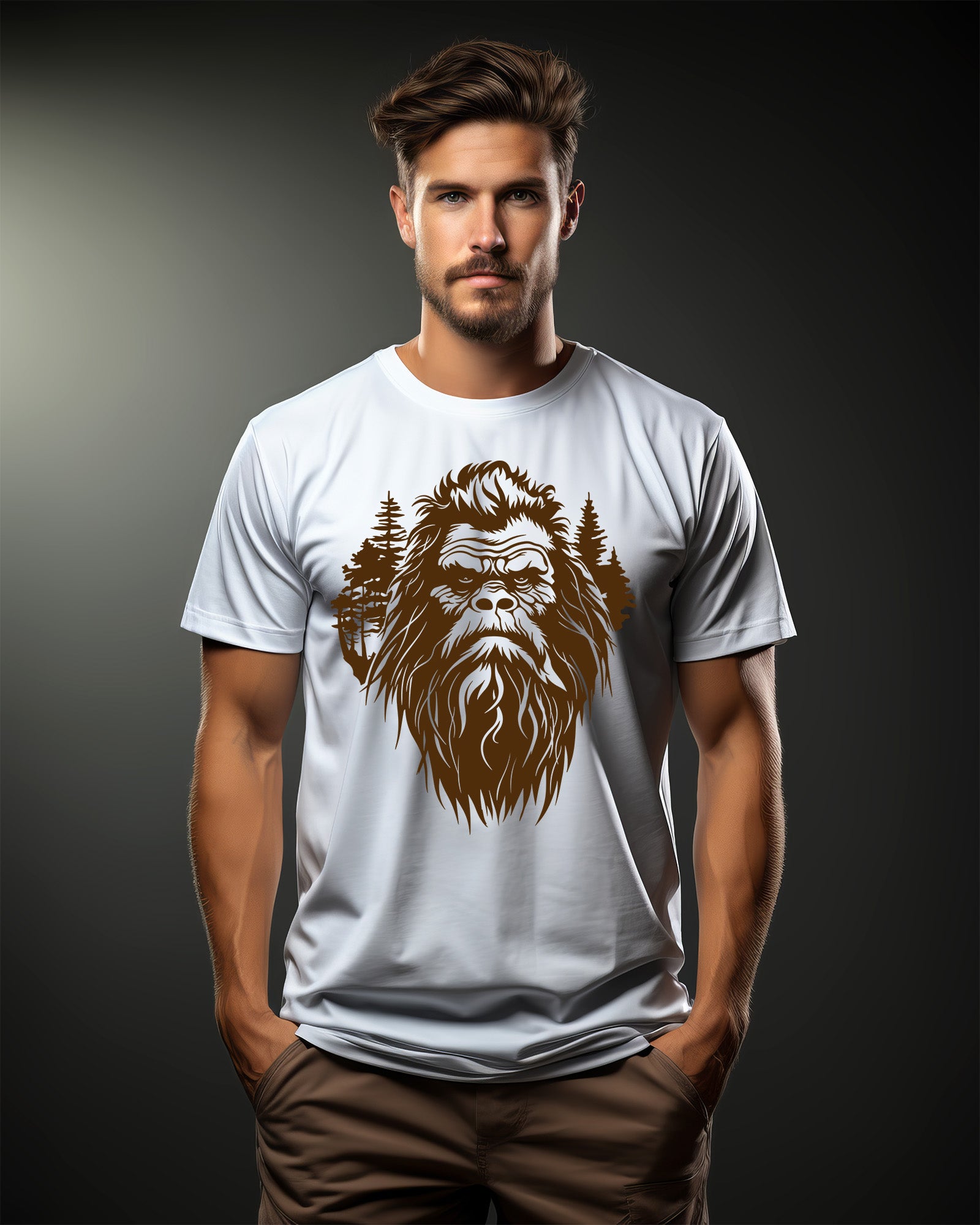 Person wearing a t-shirt featuring a stylized Bigfoot face with pine trees forming part of the wilderness design.